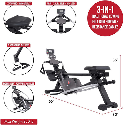 Body Power BRW3268 3-in-1 Conversion Rowing Machine with Strength Resistance Cable Training - Body Flex Sports